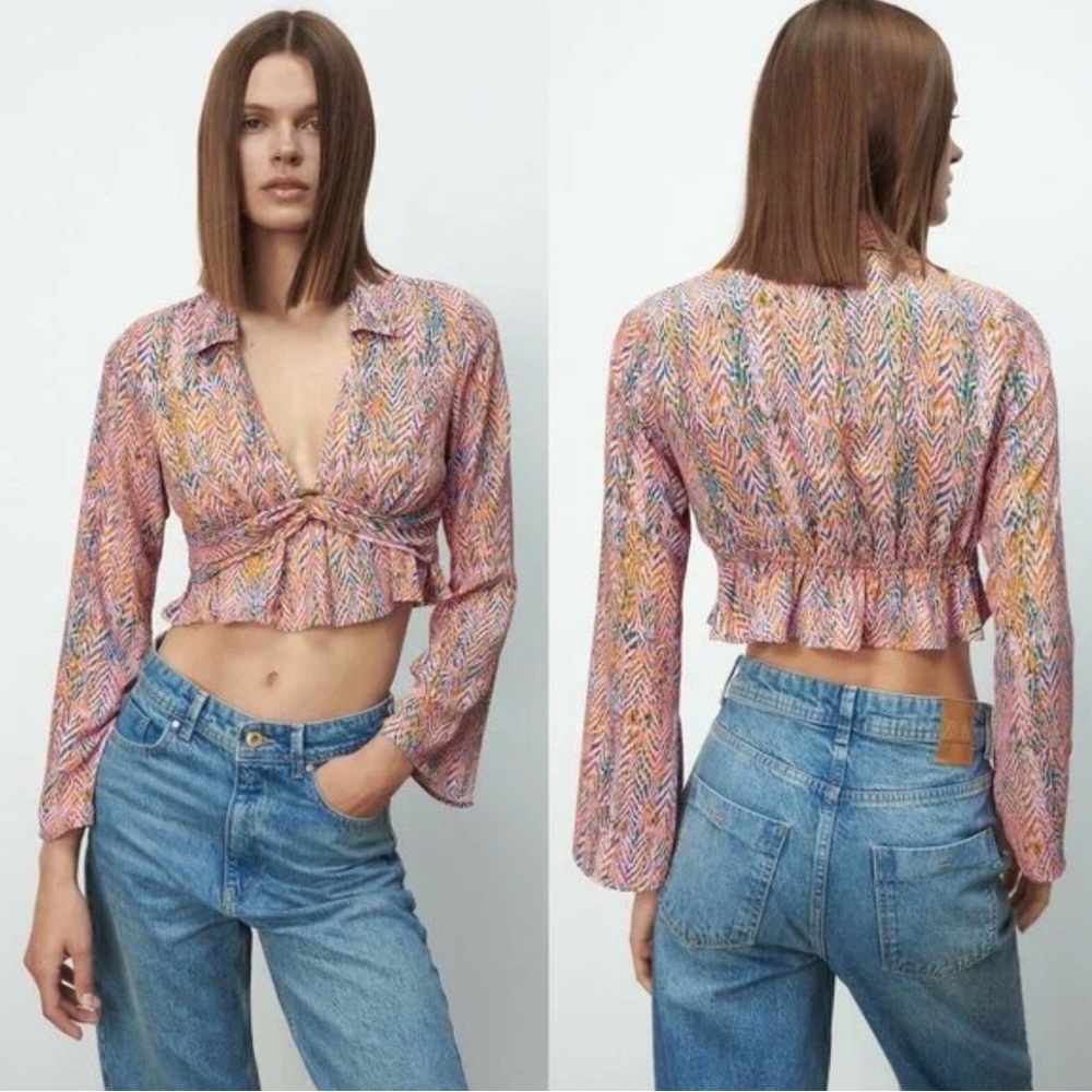 Zara Printed Tie Front Crop Blouse Boho Long Sleeve Medium